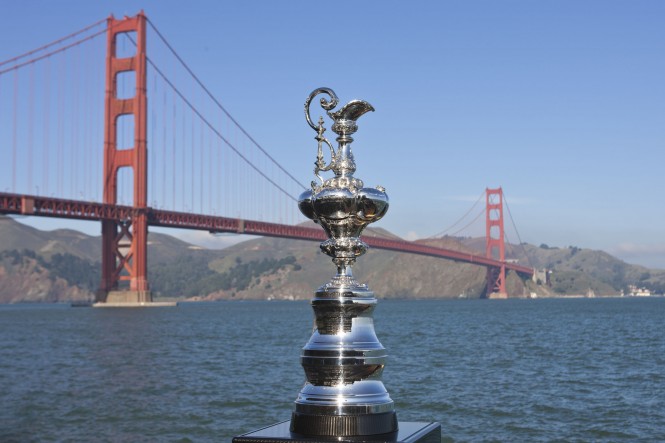 The America's Cup placed before the Golden Gate Bridge